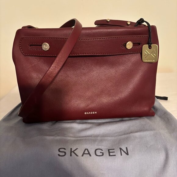 Skagen Handbags - SKAGEN Mikkeline Burgundy Mini Satchel Clutch Crossbody Leahter Bag + Dust Bag